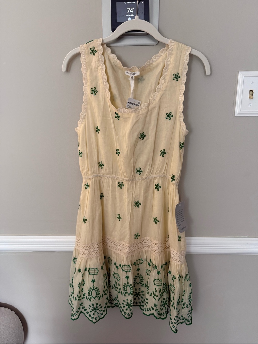 Maisie NWT Light Yellow Embroidered Sundress with Green Floral Detail Size XS